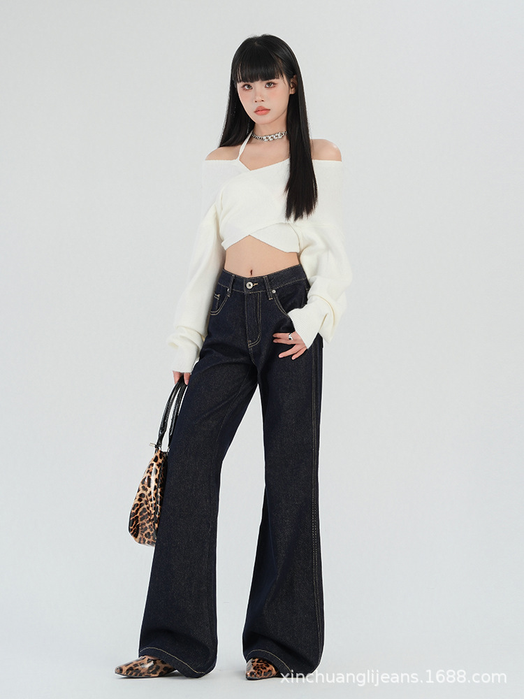 新塘牛仔之都美式丹宁蓝复古阔腿牛仔裤宽松显瘦不贴腿喇叭详情5