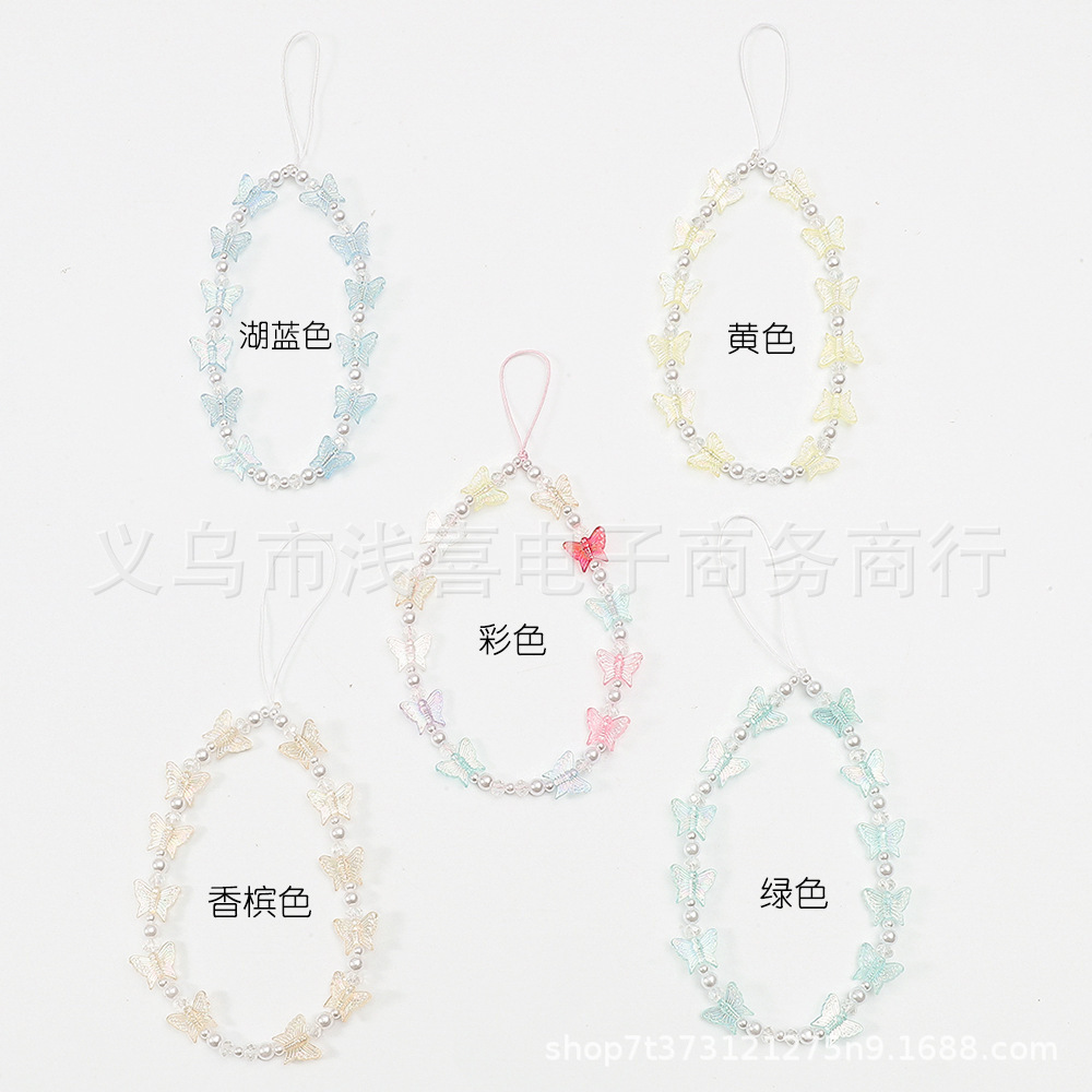 Amazon mobile phone chain crystal pearl butterfly mobile phone pendant, diy handmade beaded resin mobile phone lanyard for women pic 2