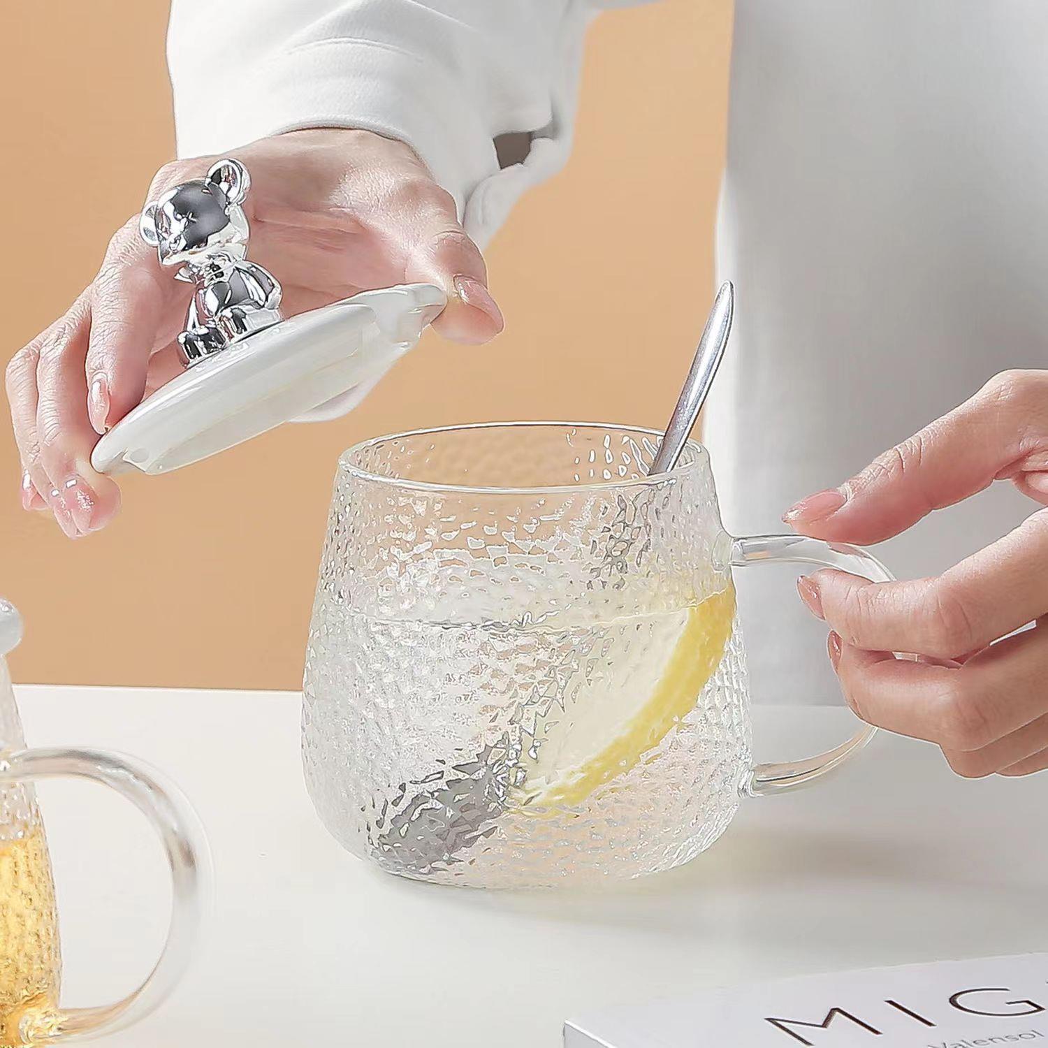 Creative ins glass mugs, bear water cups with handles, household breakfast cups with LIDS, popular welfare gifts pic 2