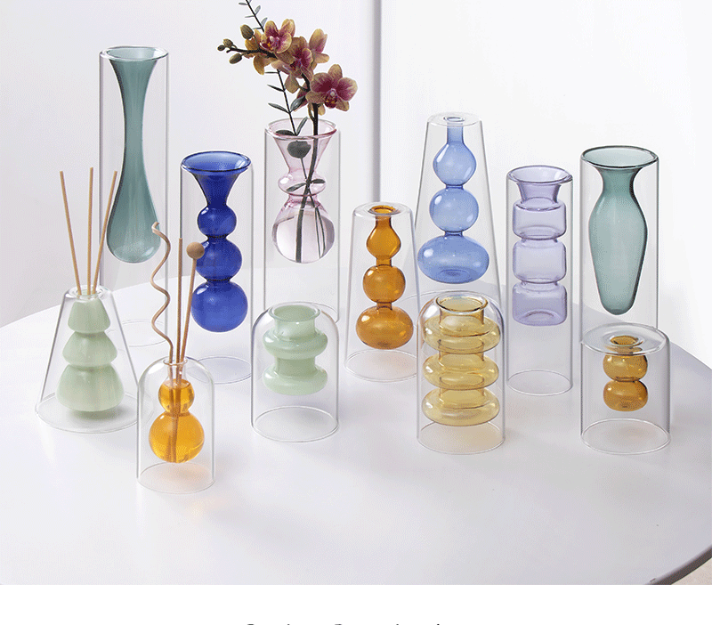 Colored double-layer glass vase, flameless glass art aromatherapy bottle, transparent vase, hydroponic restaurant table decoration pic 2