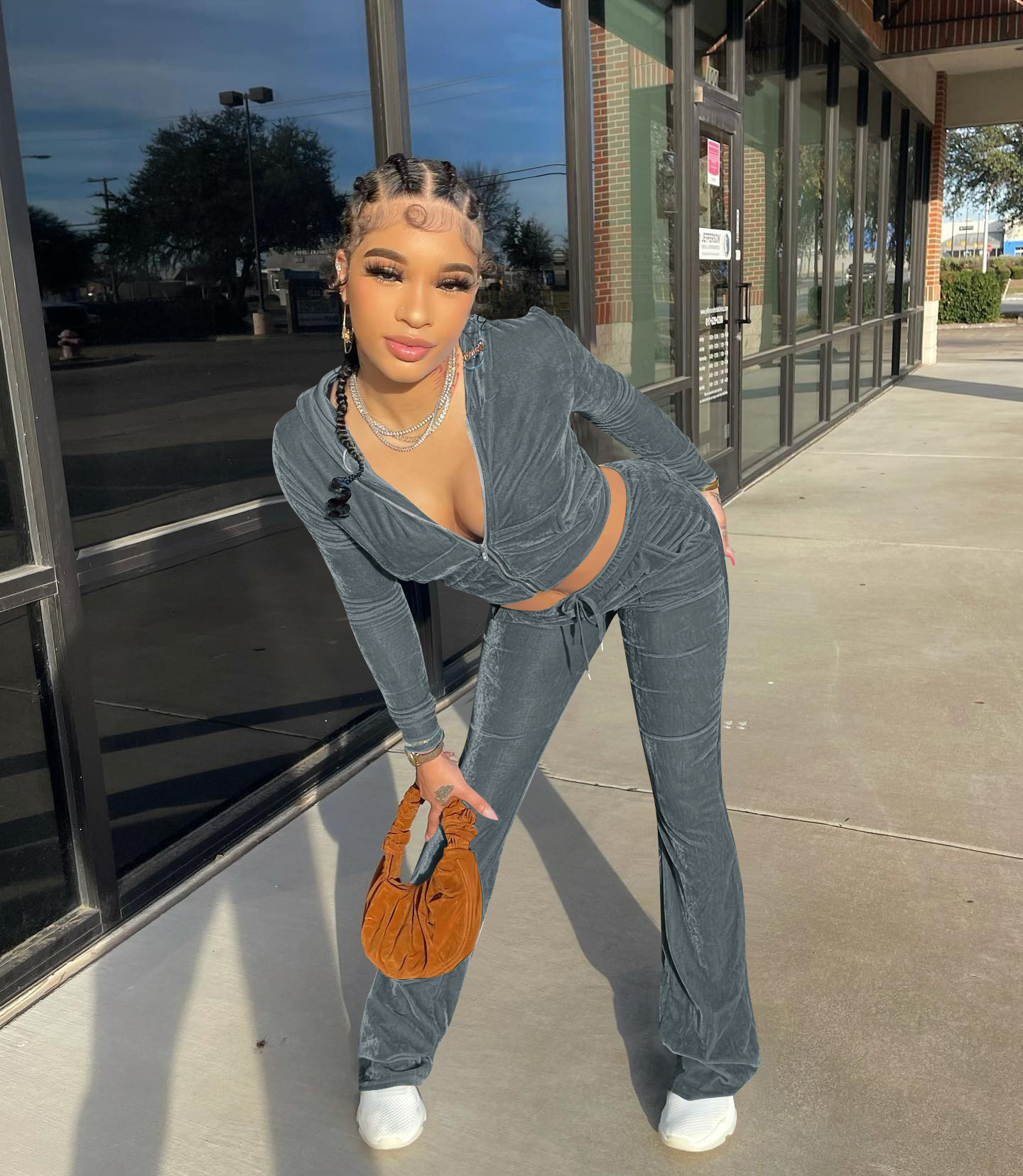 Solid color gold velvet wide-leg pants two-piece set pic 29