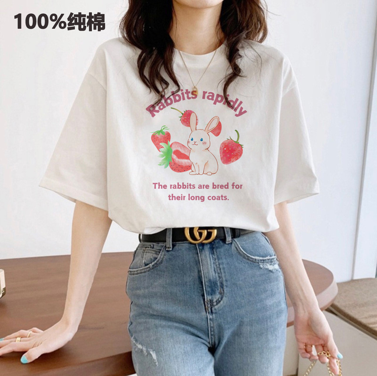 This new pure cotton short-sleeved T-shirt is a perfect match for women in summer. It features a printed off-the-shoulder top with a loose round neck and a Korean-style Instagram inside pic 8