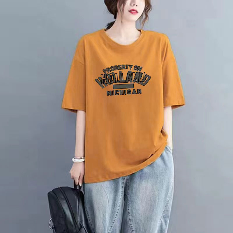 夏季新款100%纯棉短袖t恤女士洋气时尚大码百搭小众圆领宽松上衣详情20