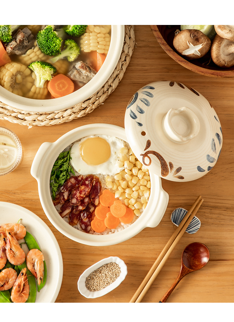 Japanese-style hand-painted soup pot with spodumene high-temperature resistant stew pot, dry-burning without cracking 煲仔饭 ceramic soup pot with lid, high-temperature resistant pic 13