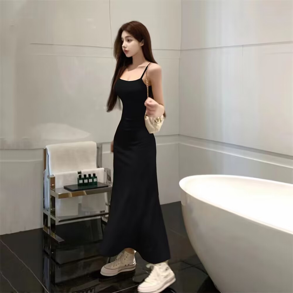 2025夏季辣妹弹力吊带连衣裙子女无袖露肩收腰显瘦一字肩打底长裙详情5