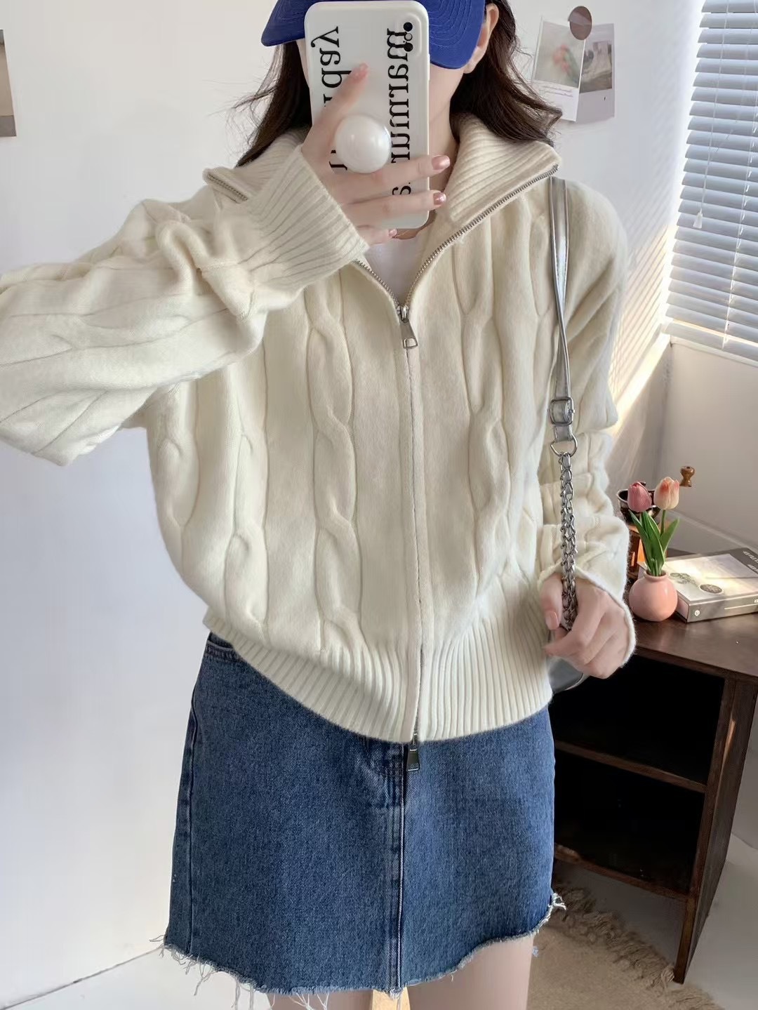 Solid-color casual double-zipper twisted knit cardigan coat, fashionable and versatile, new autumn and winter style sweater top for women pic 25