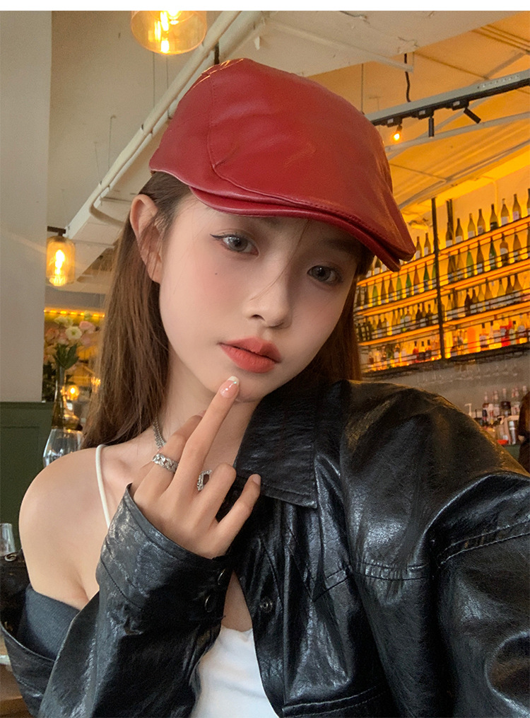 Red retro leather front hat, Korean style versatile duck tongue beret, fashionable newsboy cap, face-showing small hat pic 5