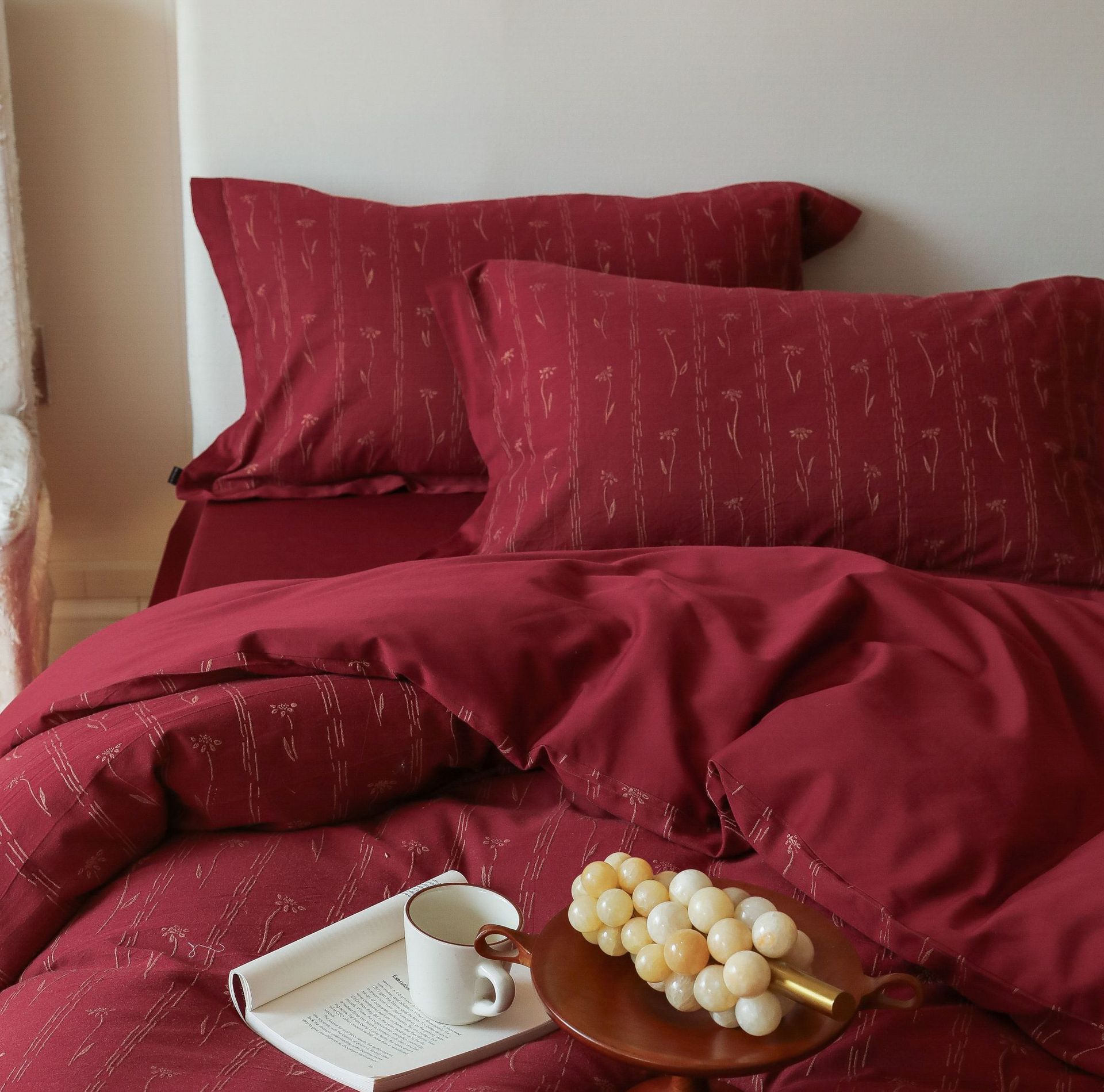 Class A retro jacquard all-cotton wedding four-piece set, a red pure cotton high-end wedding room bedding pic 16