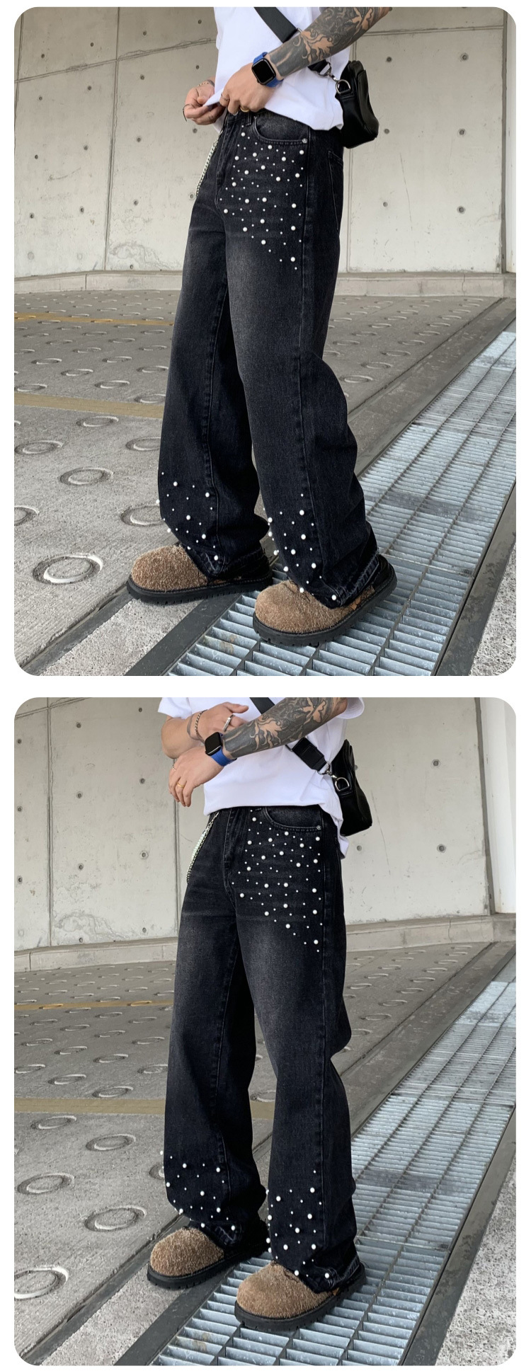 Cross-border Parisian style beaded jeans for men, 2025 new trendy streetwear brand loose straight-leg wide-leg pants for men pic 16