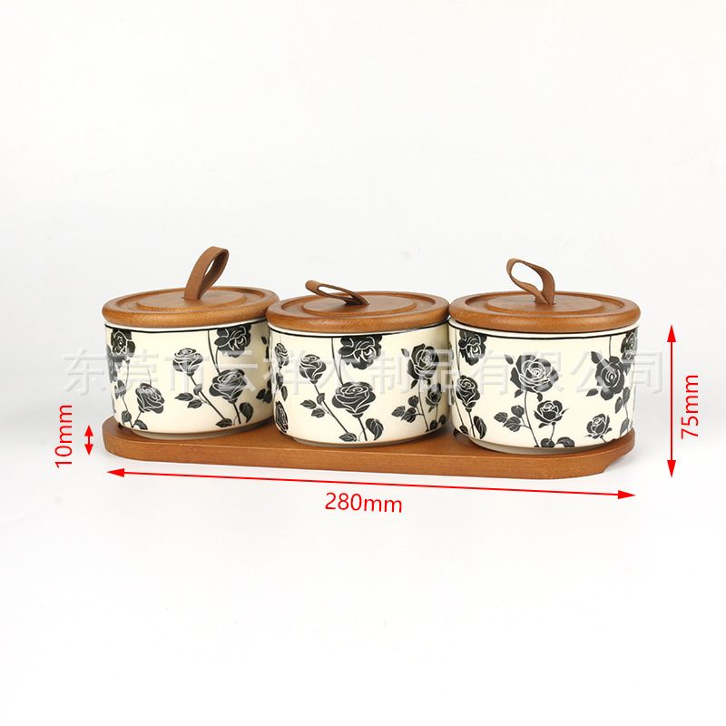 圆形通用密封防尘木盖厨房用品调料罐套装山茶花陶瓷套装杯详情16