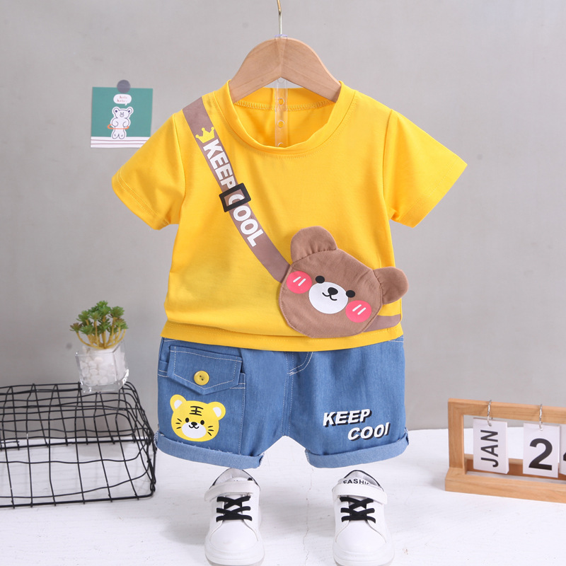 Versión coreana de verano niños manga corta niños shorts traje de bebé zoe vestido de verano bolsa de satchel camiseta traje de dibujos animados 5 pic 3