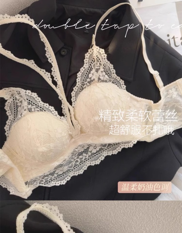 龙心蕾丝挂脖内衣女小胸聚拢纯欲法式性感叠穿吊带内搭胸衣文胸罩详情7