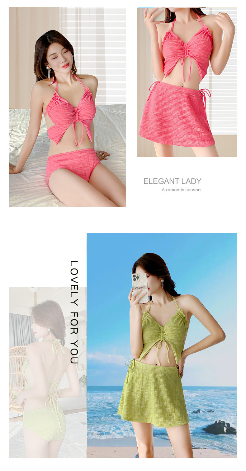 纯欲风分体裙式泳衣女绑带吊带小胸聚拢纯色度假泳池比基尼套装-107041 pic 22