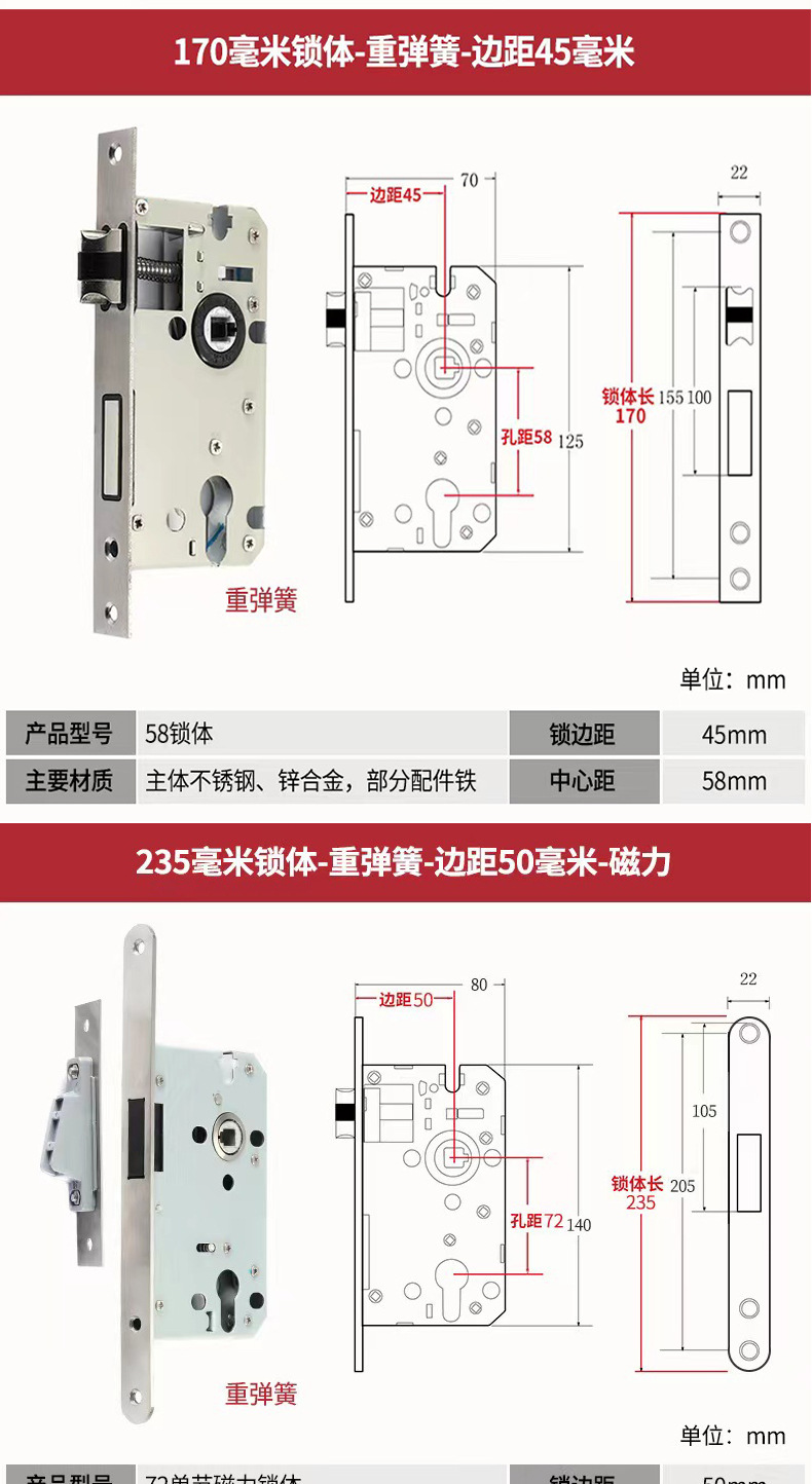 室内门锁小50老式房门锁体圆头全铜磁力静音轴承木门大50锁具批发详情48