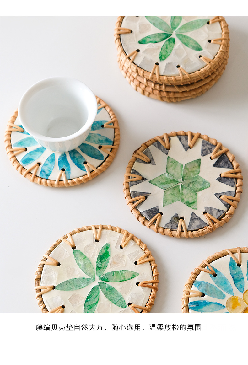 藤编陶瓷隔热垫贝壳杯垫茶杯垫茶几手工编织防烫贝壳垫详情12