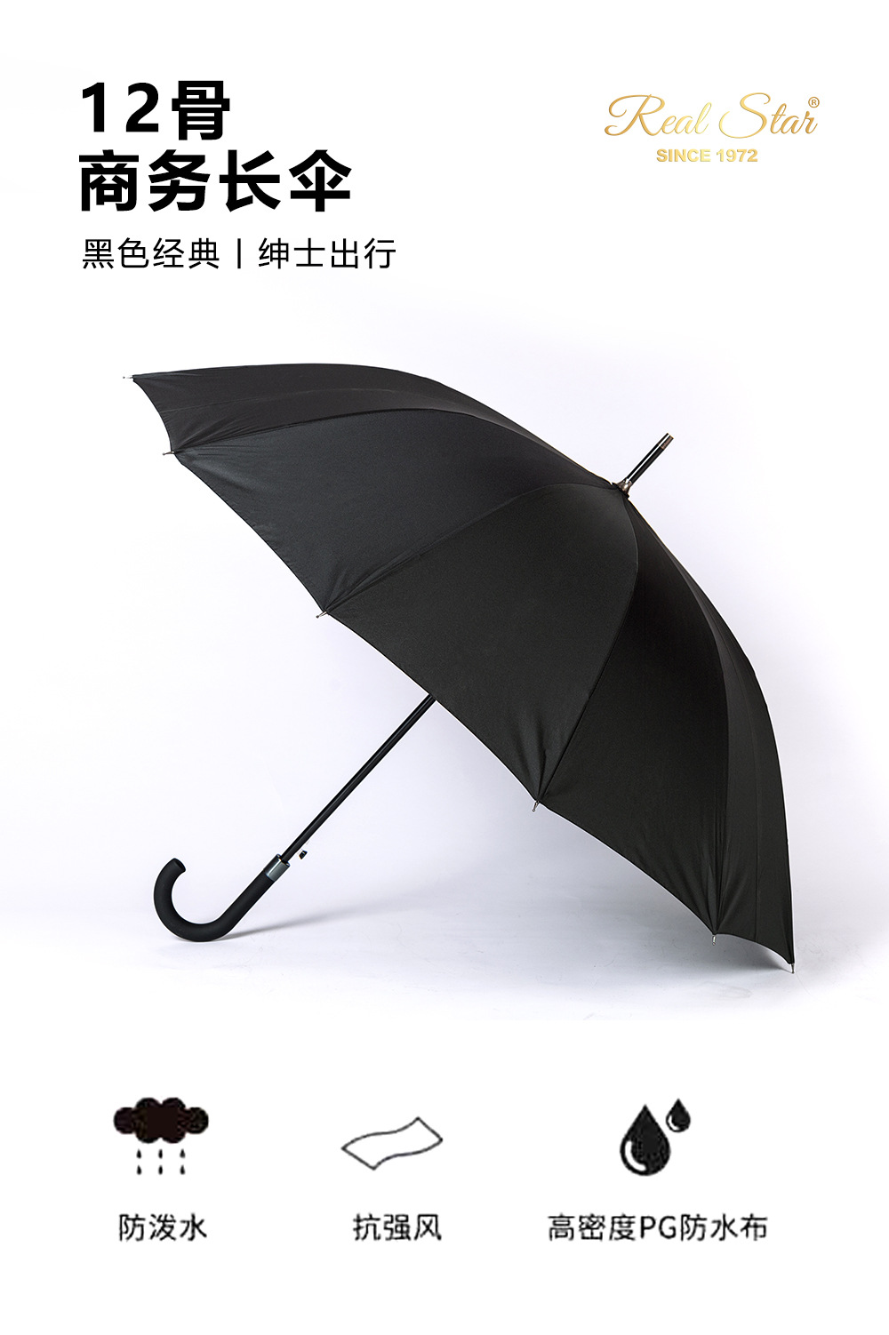 65cm25寸12骨黑色商务伞现货广告印刷logo晴雨伞批发大伞面纤维骨详情1