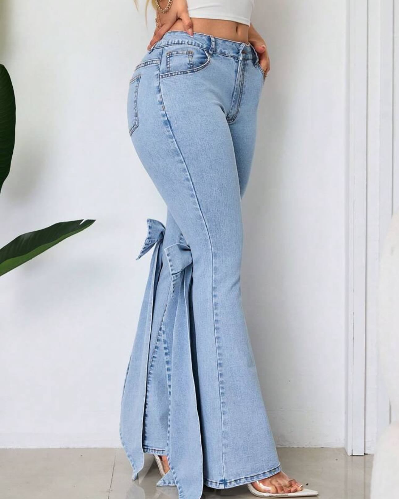 Europa y ee. Uu. Cross-border independence station trabajo para mujeres jeans cintura alta estiramiento arco decorativo pantalones de trompa pic 6