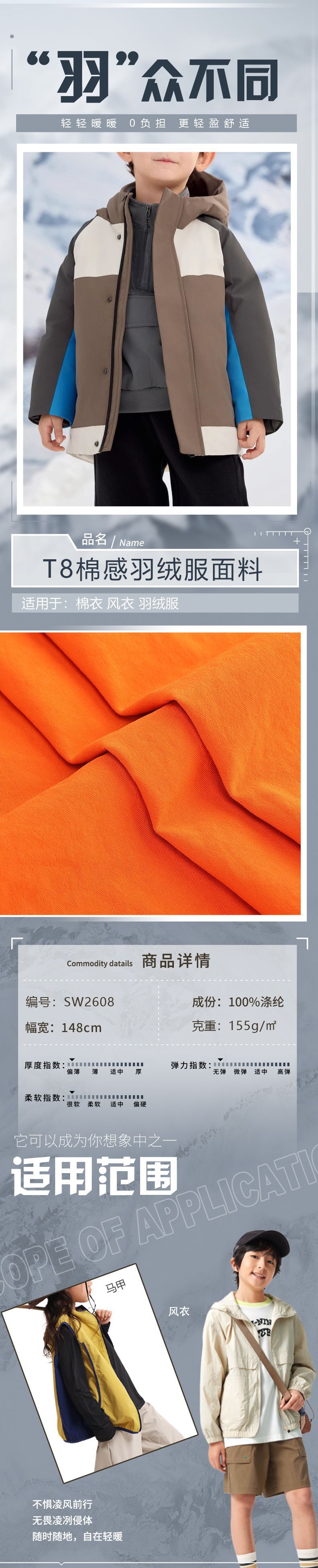 羽绒服面料90D仿棉消光微皱防泼水透气冲锋衣飞行夹克面包服布料详情2