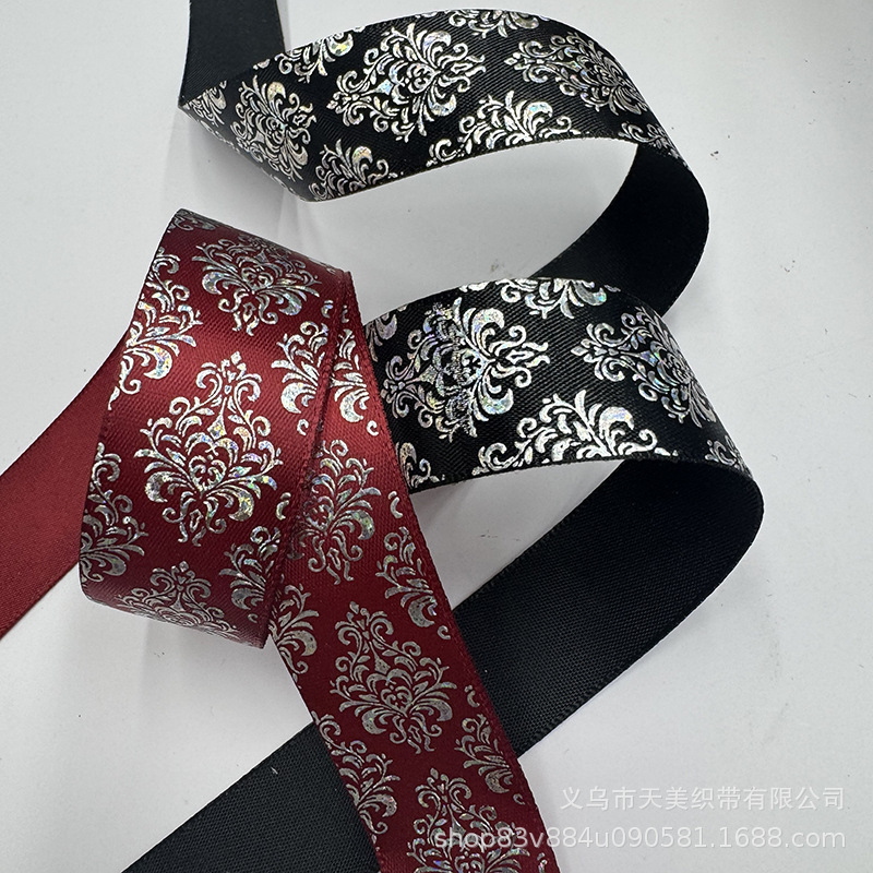 2.5cm图腾镭射烫银丝带吧唧托手工diy彩带鲜花礼品包装蝴蝶结织带详情4