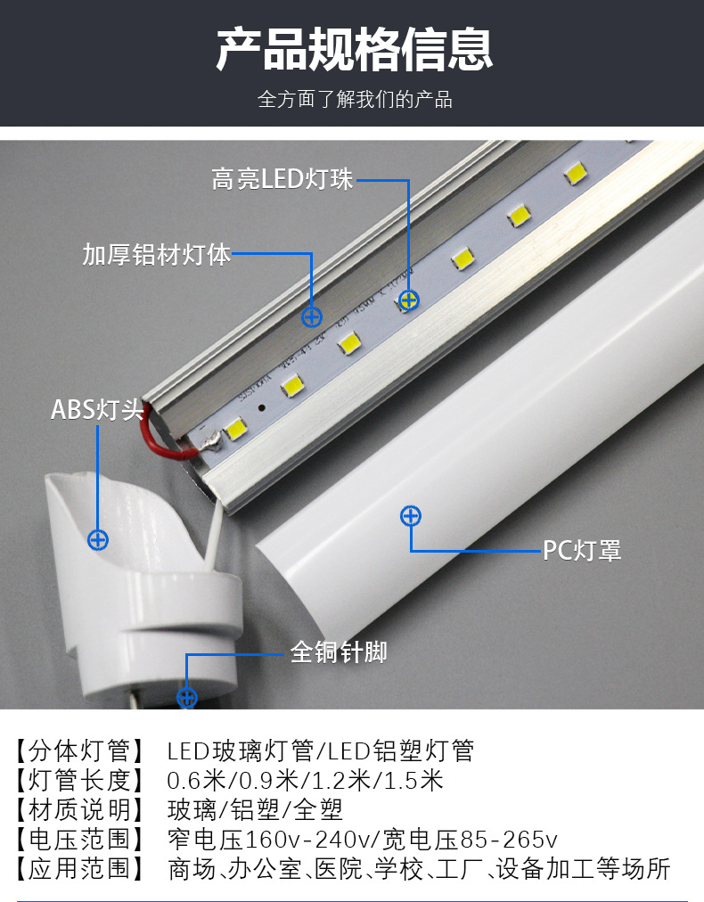 t8灯管铝塑分体宽电压双排灯珠高流明无频闪t8led灯管1米2详情26
