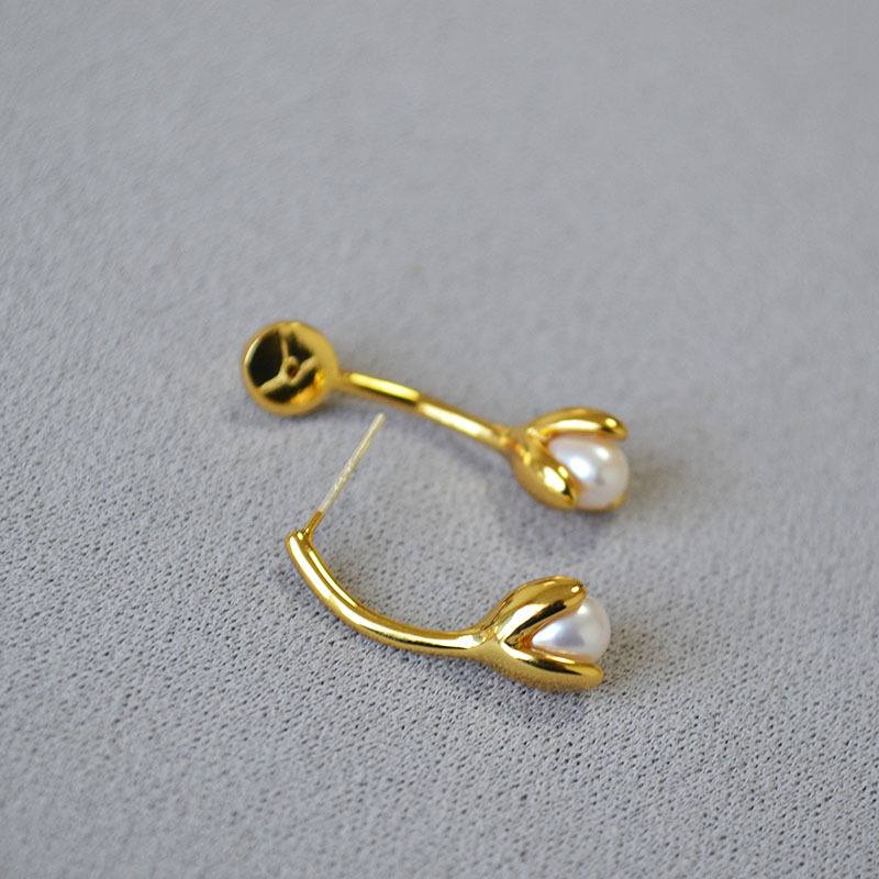 日韩小巧时尚简约淡水珍珠花苞花朵精致优雅高级感可拆卸耳钉耳饰详情3