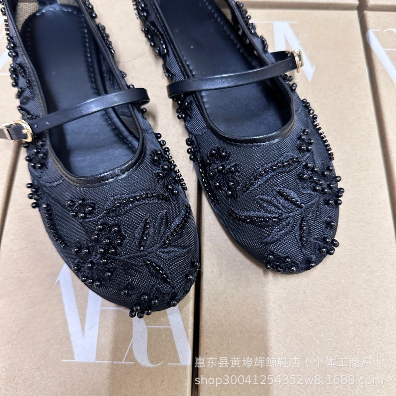 ZA新款白色刺绣珍珠网纱平底单鞋圆头芭蕾舞鞋女玛丽珍女鞋详情5