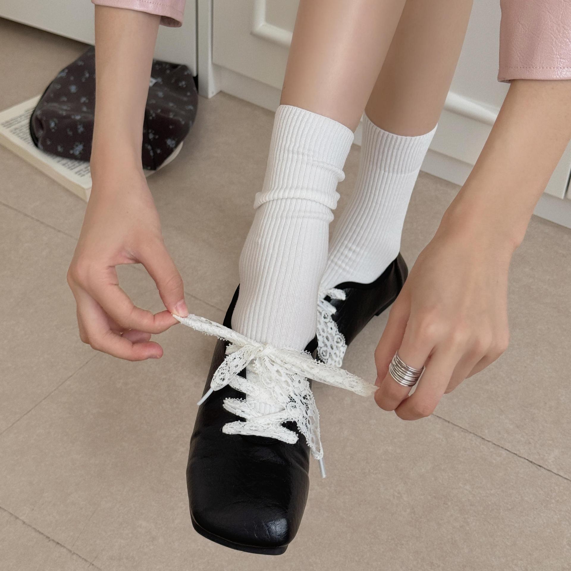 2025秋冬新款一体机无骨纯色竖条纹女士堆堆袜纯棉百搭中筒女袜子详情12