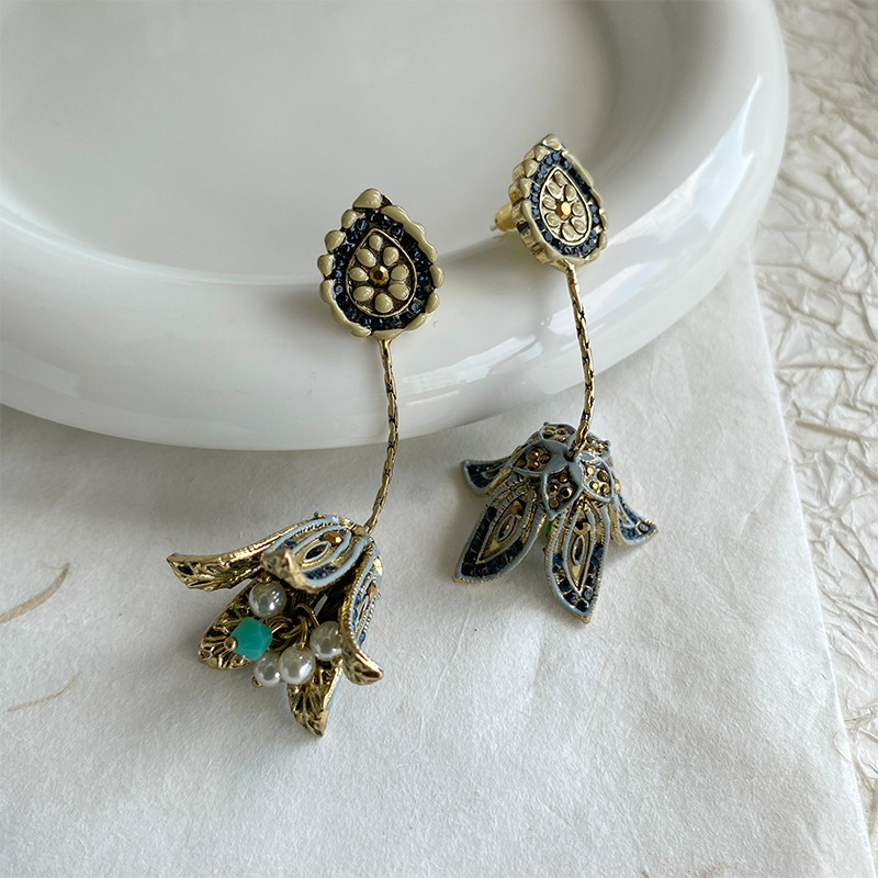 姜妍同款花朵耳环长款波西米亚民族风流苏耳饰女复古高级耳钉耳夹详情3