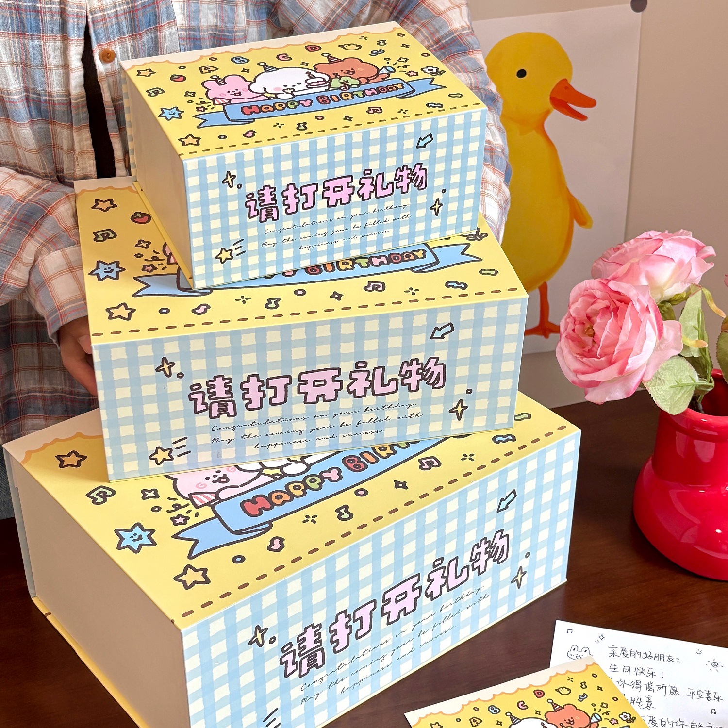 Rectangular birthday gift box, large gift packaging paper box with gift bag, cute Ins-style cartoon magnetic box pic 4