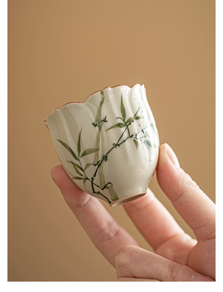 厂家翠绿文竹花型茶杯主人杯陶瓷功夫喝茶小杯子草木灰闻香品茗杯详情23
