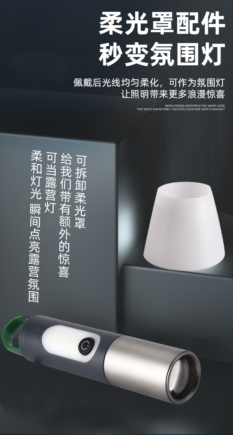 2023跨境新款铝合金大功率P50伸缩变焦强光手电USB充电户外露营灯详情10