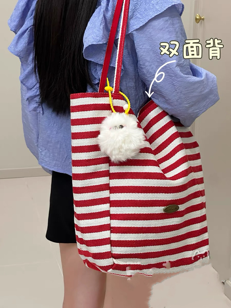 Striped canvas bag, 2024 new Korean style ins tote casual bag, single-shoulder large-capacity tote bag, shopping bag pic 3