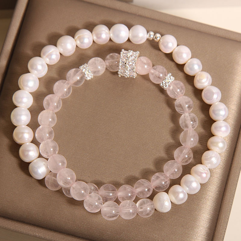 New Chinese-style pink crystal bracelet for women, light luxury, niche and exquisite natural pearl double-loop layered bracelet, high-end jewelry pic 7