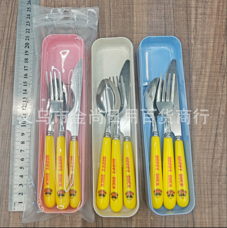 Three-piece cartoon plastic fork, knife and spoon set for students, adults, office workers and outdoor portable tableware storage box pic 5