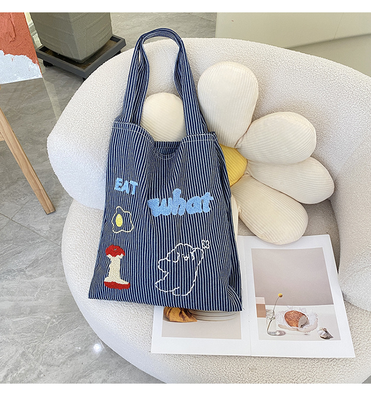 韩版时尚条纹帆布包包女2024新款大容量通勤托特包小众休闲布包详情2