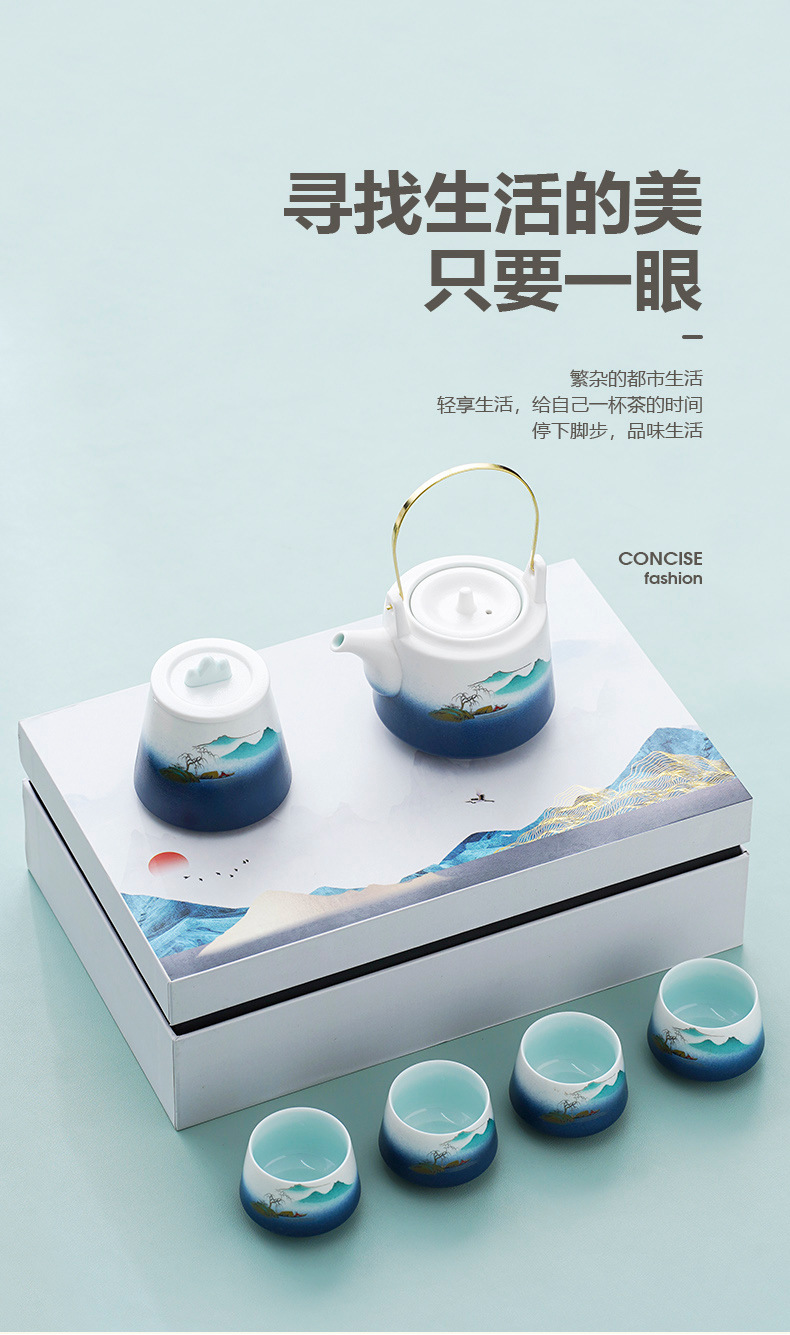 Japanese-style kung Fu tea set, landscape handle teapot with can, business gift set, company opening event souvenir pic 1