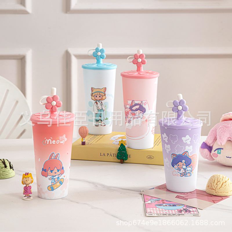 新款哑光渐变犬系少女吸管杯学生高颜值可爱童趣饮料果汁杯防尘帽详情6