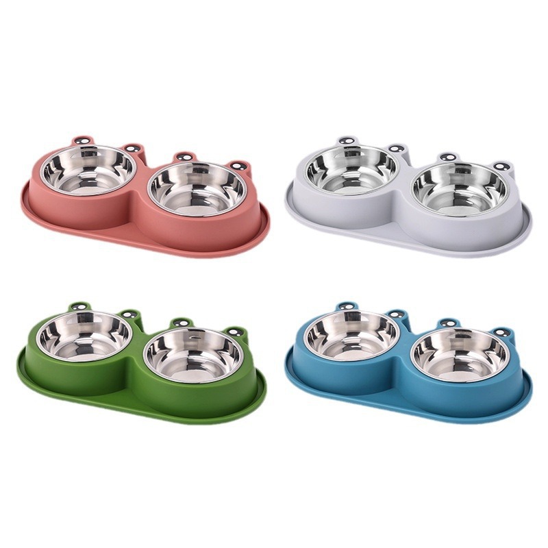 跨境新糖果色大号卡通青蛙宠物双碗不锈钢狗碗宠物用品猫狗防滑碗详情4