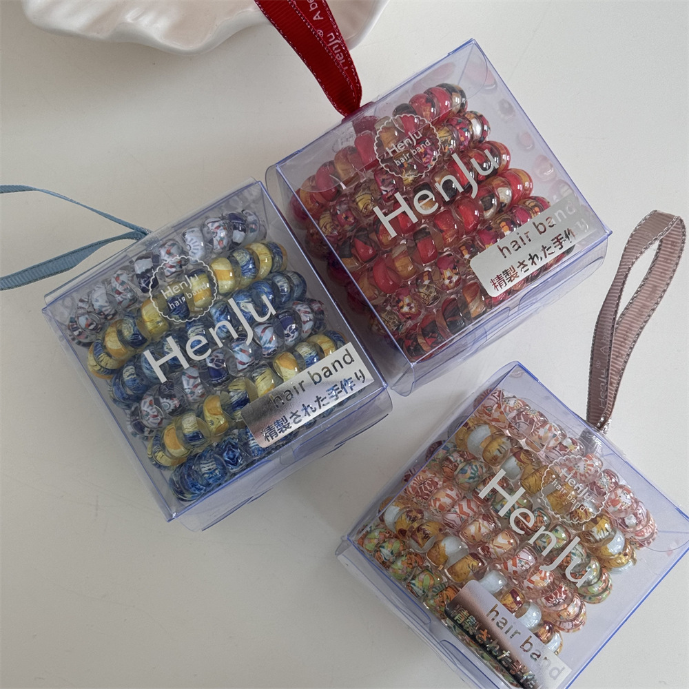 Floral, colorful, seamless telephone line hair tie, box-set hair band, new high-end style hair tie, high-elasticity rubber band headwear pic 6