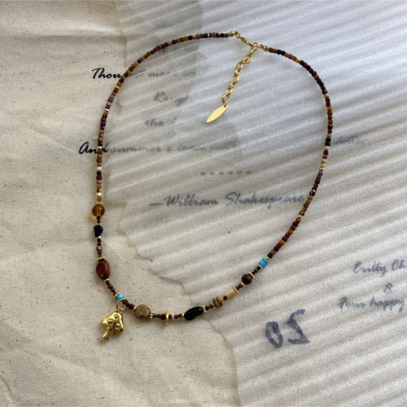 春夏新款日出蘑菇天然石彩色串珠项链小众设计叠戴复古毛衣锁骨链详情4