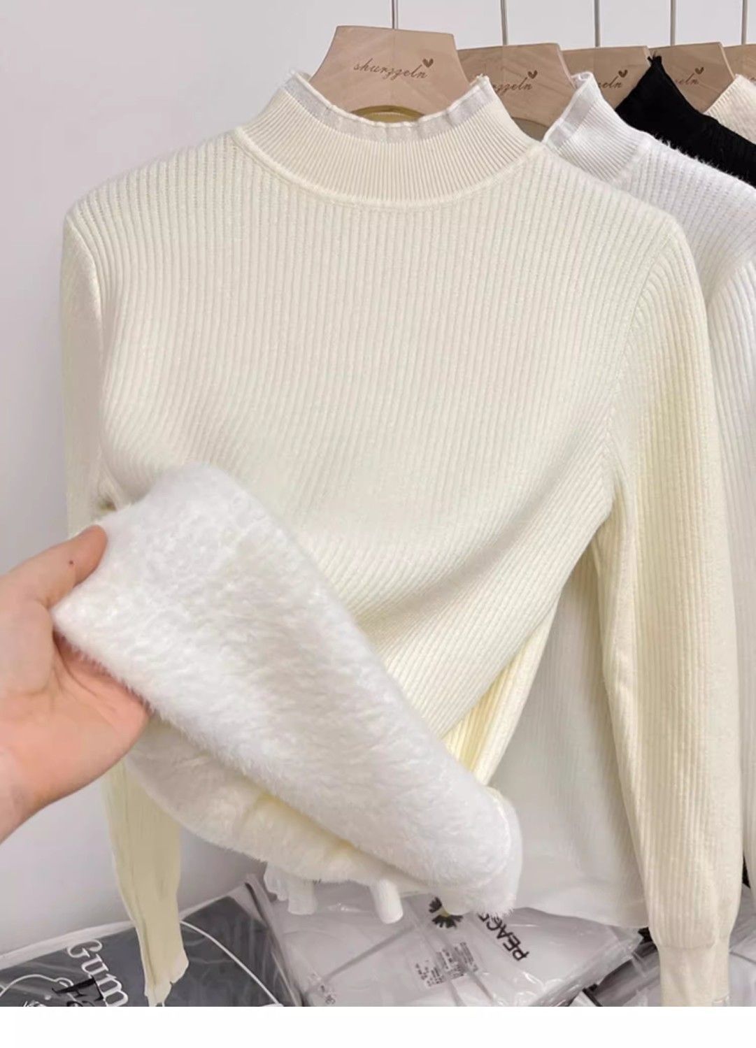 Autumn and winter semi-high neck with fleece lace one-piece fleece thickening 2024 new style black fungus knitted sweater base top sweater for women pic 5