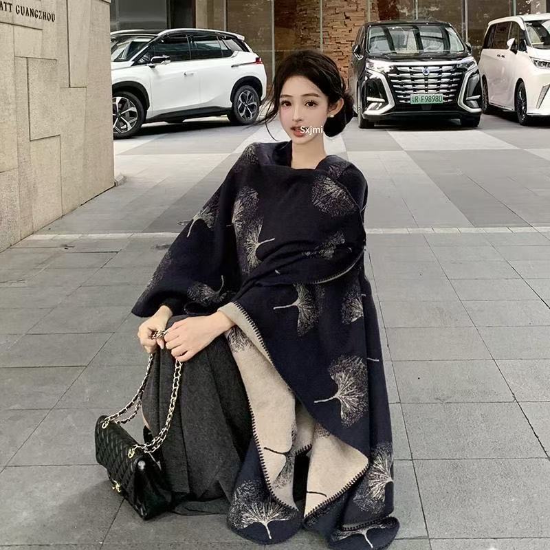 One-piece consignment of new ginkgo leaf slit shawl for women, autumn and winter warm cape, ethnic style outerwear, double-sided high-end cape wholesale at street stall pic 1