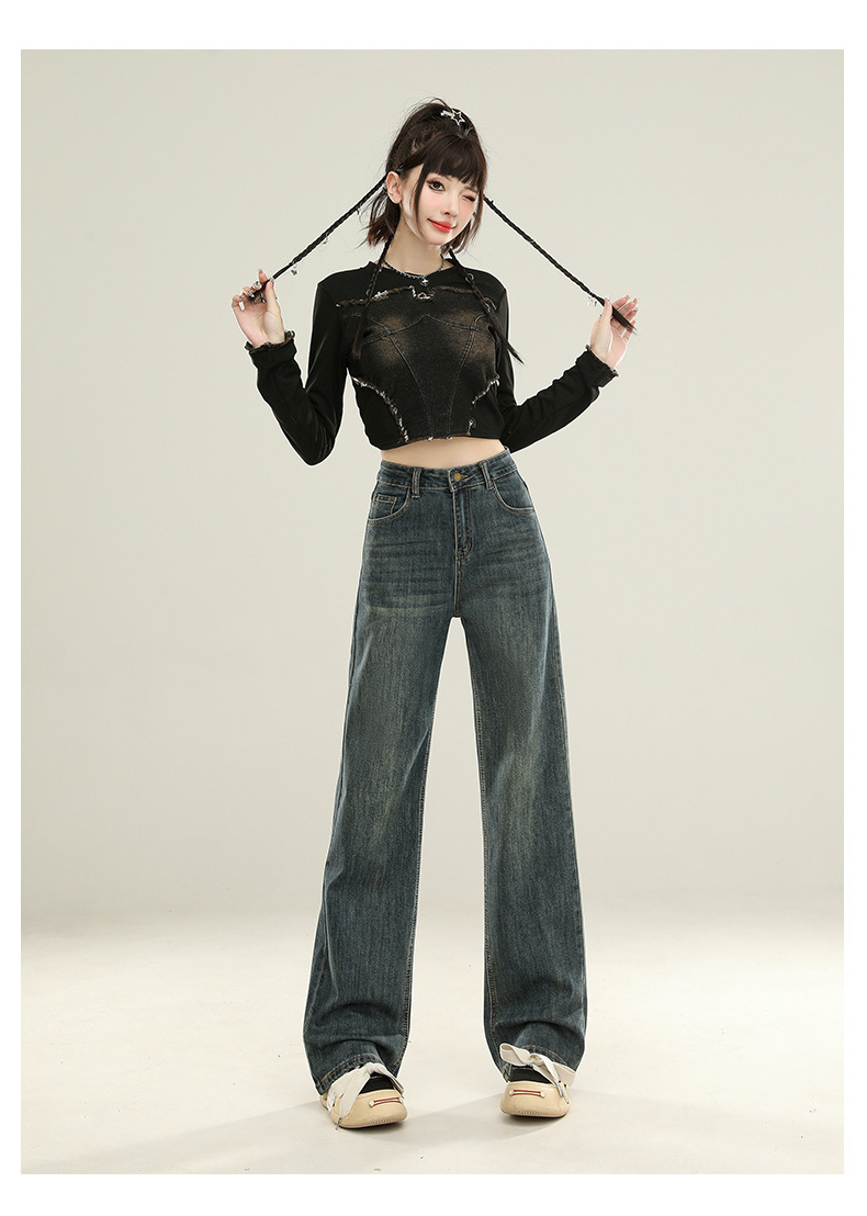 怀旧蓝直筒裤牛仔裤女秋季2025新款高腰显瘦垂感宽松窄版阔腿裤子详情27