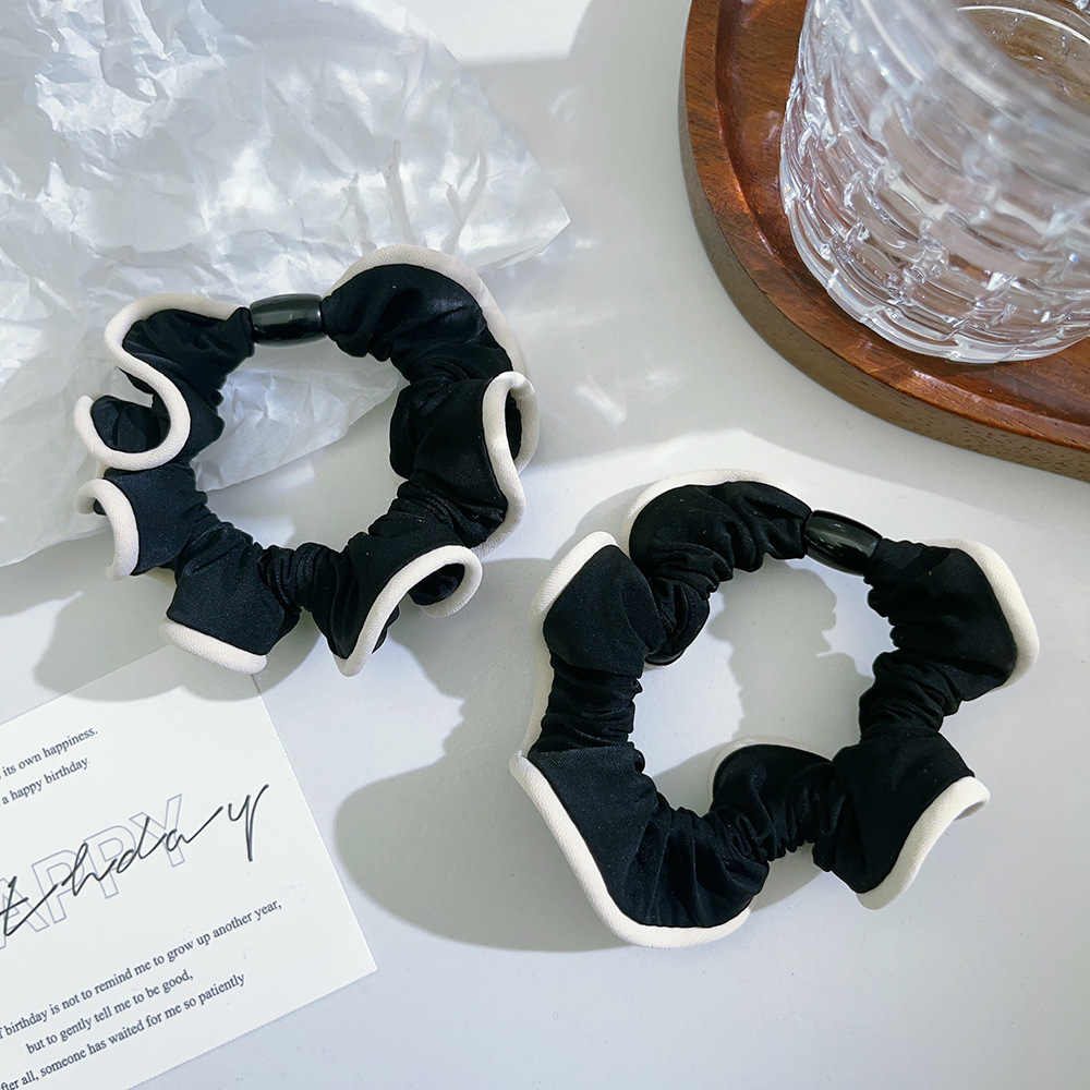 Korean-style color-blocked black fungus fringe small intestine ring hair band lace hair tie ponytail pearl hair tie leather band hair accessory pic 3