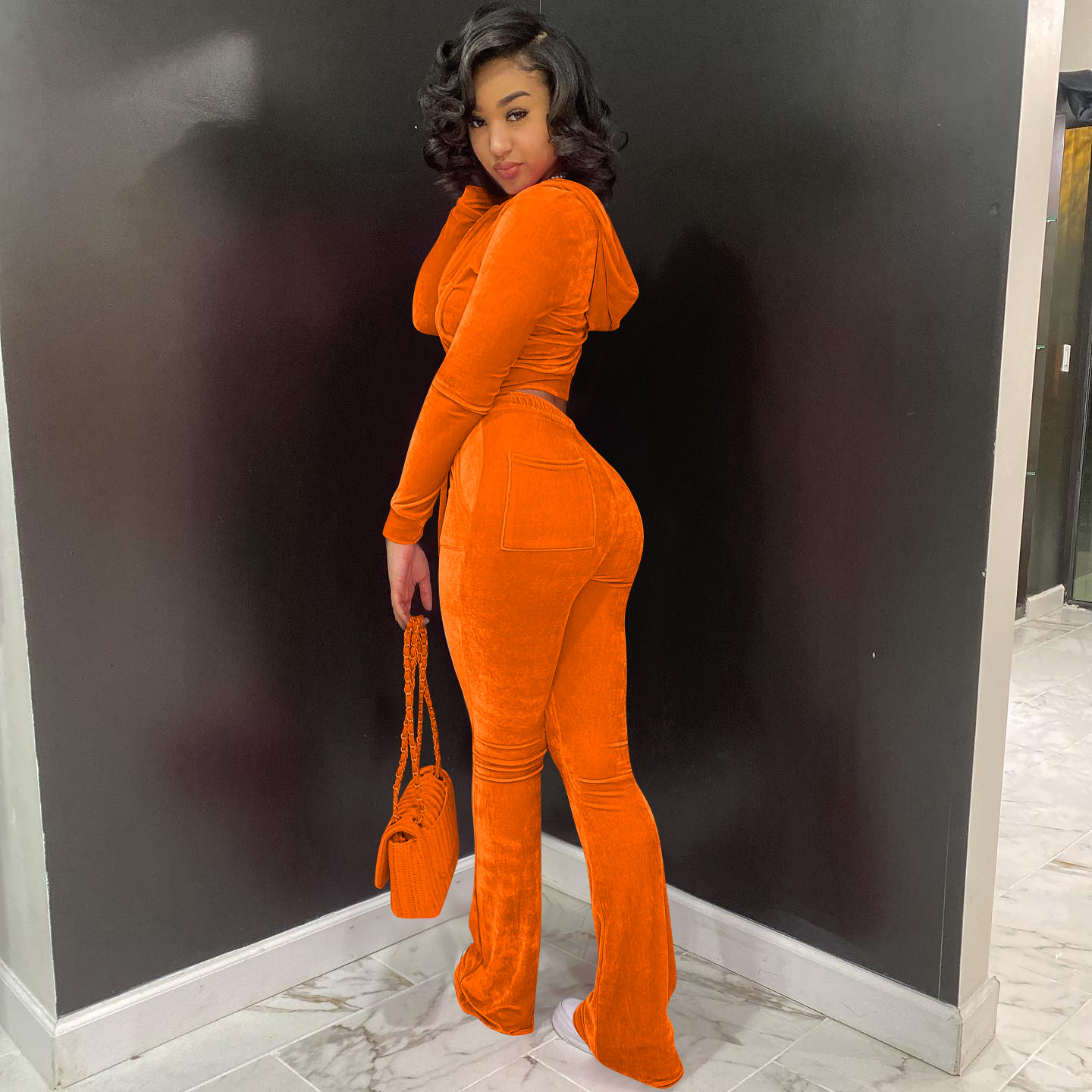 Solid color gold velvet wide-leg pants two-piece set pic 82