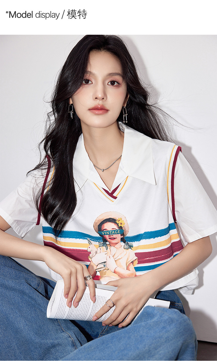 G9068假两件衬衫女装2024夏女孩印花彩绘韩版设计感别致短袖上衣详情7
