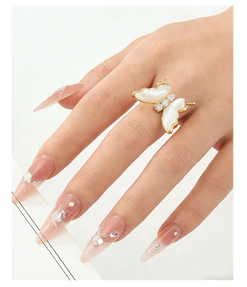 A dynamic and high-end natural mother-of-pearl butterfly opening ring, made of copper alloy and set with zirconium, exquisitely adjustable index finger ring pic 6