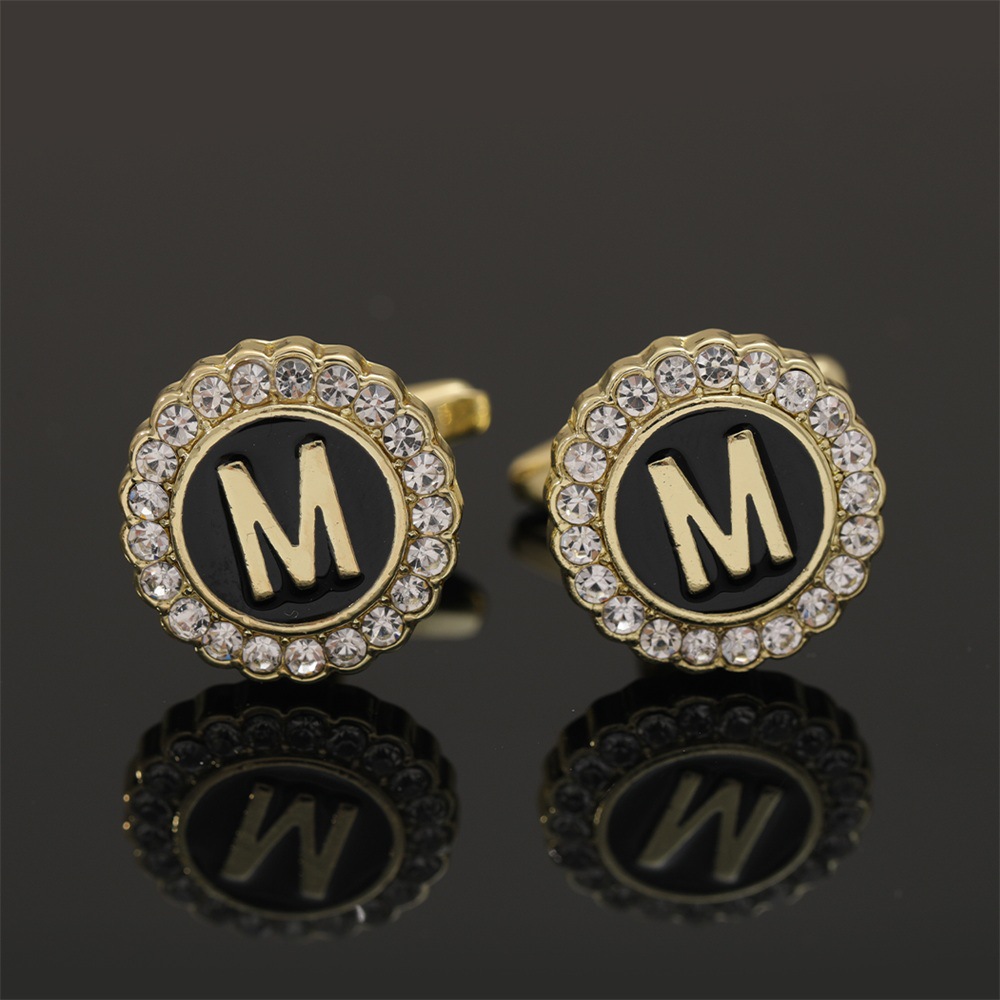 大写字母袖扣圆形镶钻袖钉合金滴油男士衬衫扣26英文字母A-Z配饰详情25