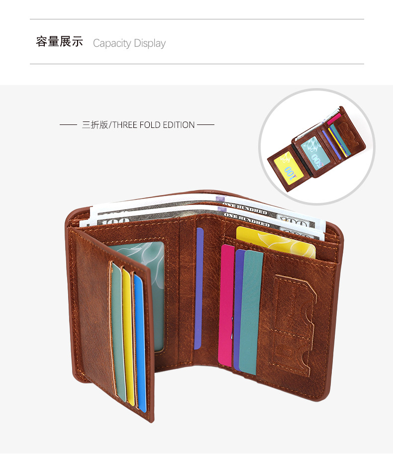 跨境男士钱包男款高级感复古PU短款男士折叠信用卡包可收纳零钱包详情5