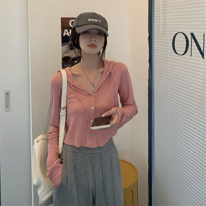 软糯连帽长袖开衫短外套女2023新款秋季懒惰风修身短款打底衫上衣详情27